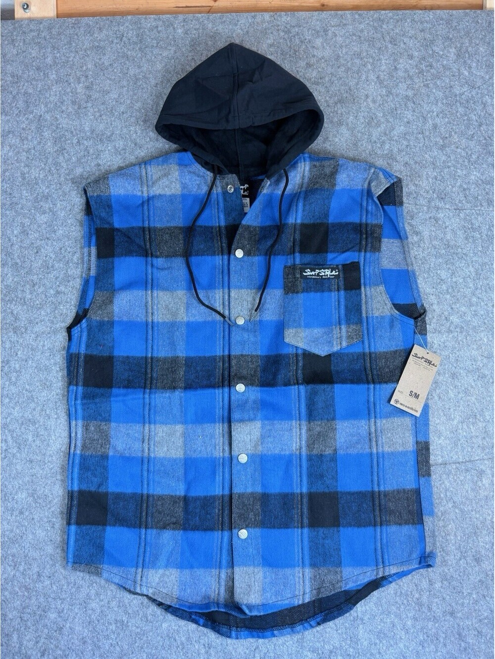 Vintage Surf Style 90s Plaid Flannel Snap Button Sleeveless Hoodie USA S/M